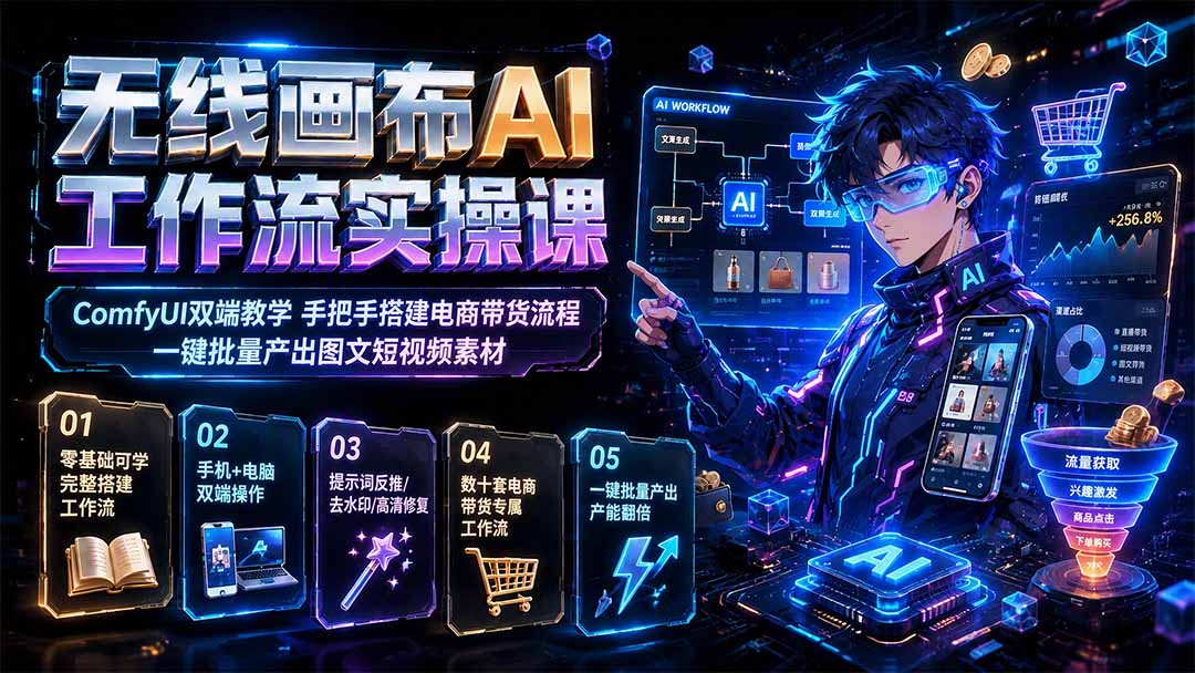 无线画布AI工作流实操课｜ComfyUI双端教学，手把手搭建电商带货流程，一键批量产出图文短视频素材-泱泱学习社