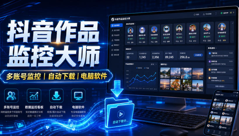 抖音作品监控大师，多账号监控丨自动下载丨电脑软件-泱泱学习社