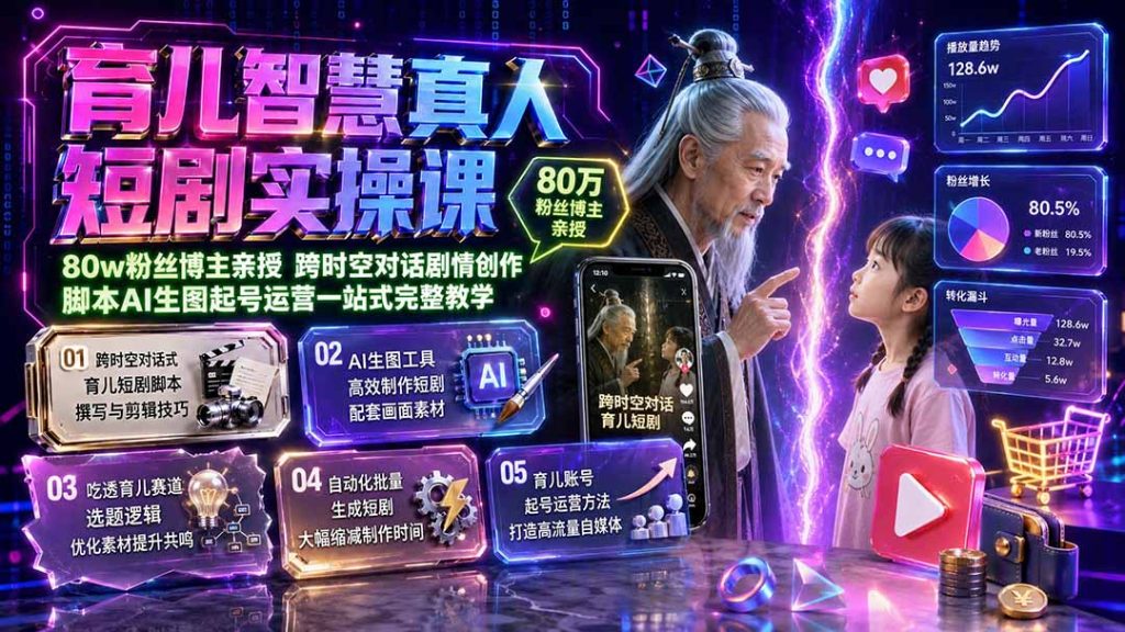 育儿智慧真人短剧实操课|80w粉丝博主亲授,跨时空对话剧情创作,脚本AI生图起号运营一站式完整教学-泱泱学习社