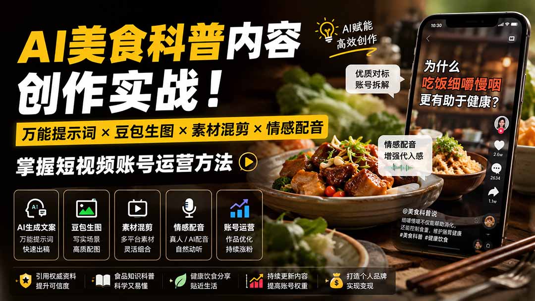 外面卖199元-AI美食科普内容创作实战！万能提示词×豆包生图×素材混剪×情感配音，掌握短视频账号运营方法-泱泱学习社
