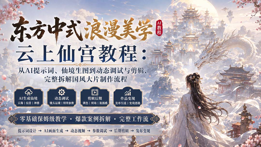 东方中式浪漫美学云上仙宫教程:从AI提示词、仙境生图到动态调试与剪辑,完整拆解国风大片制作流程-泱泱学习社