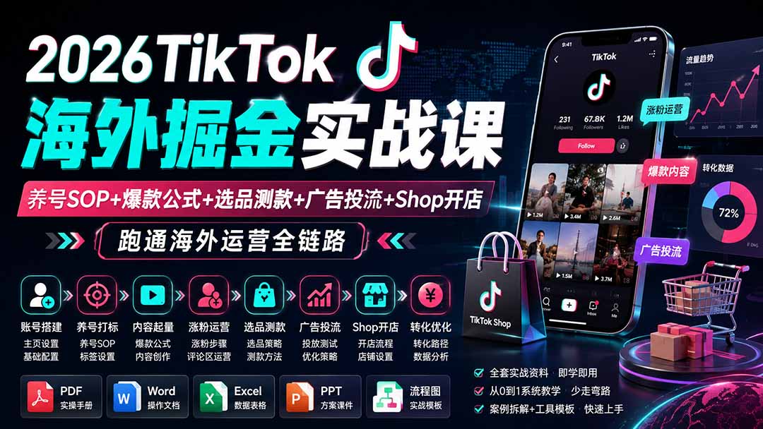 2026TikTok海外掘金实战课——养号SOP+爆款公式+选品测款+广告投流+Shop开店,跑通海外运营全链路-泱泱学习社