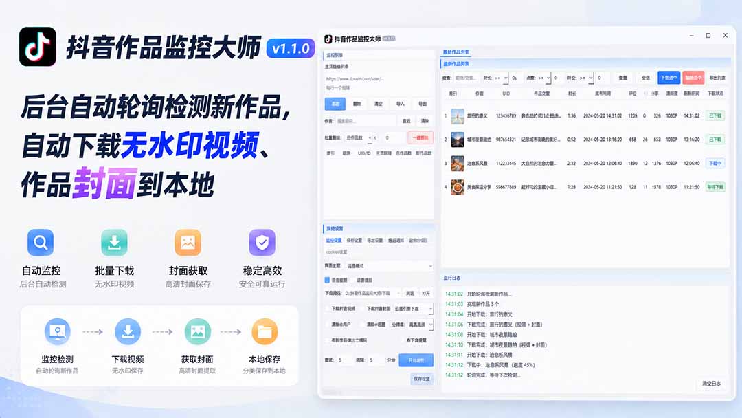 抖音作品监控大师v1.1.0：后台自动轮询检测新作品，自动下载无水印视频、作品封面到本地-泱泱学习社