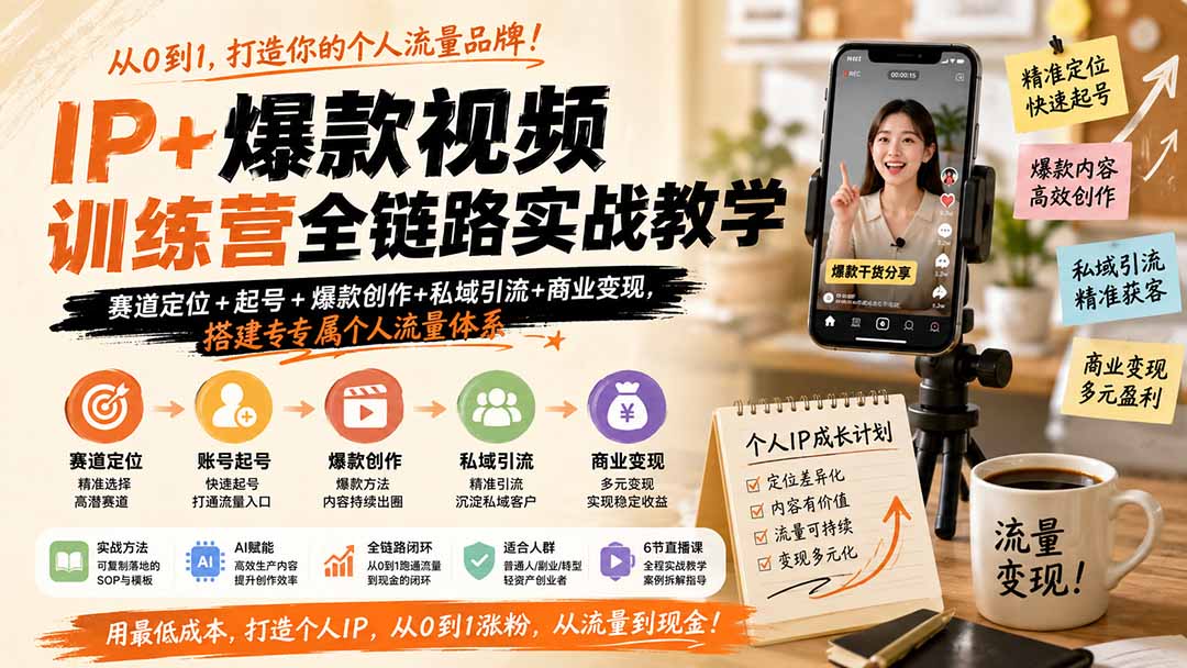 IP+爆款视频训练营全链路实战教学；赛道定位+起号+爆款创作+私域引流+商业变现，搭建专属个人流量体系-泱泱学习社