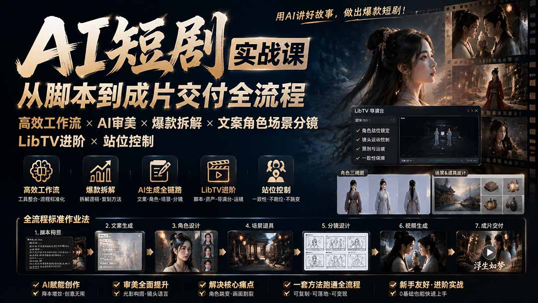 AI短剧实战课:高效工作流×AI审美×爆款拆解×文案角色场景分镜×LibTV进阶×站位控制×从脚本到成片交付全流程-泱泱学习社