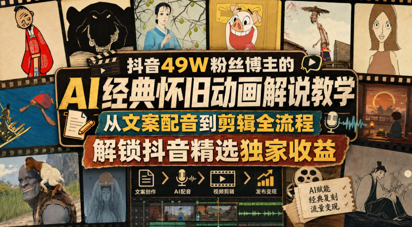 抖音49W粉丝博主的AI经典怀旧动画解说教学，从文案配音到剪辑全流程，解锁抖音精选独家收益-泱泱学习社