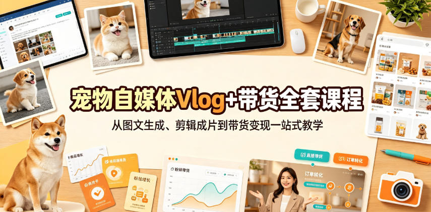 宠物自媒体Vlog+带货全套课程｜从图文生成、剪辑成片到带货变现一站式教学-泱泱学习社
