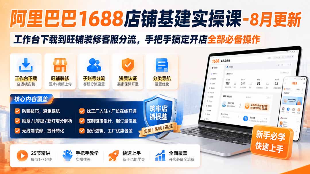 阿里巴巴1688店铺基建实操课-8月更新；工作台下载到旺铺装修客服分流，手把手搞定开店全部必备操作-泱泱学习社