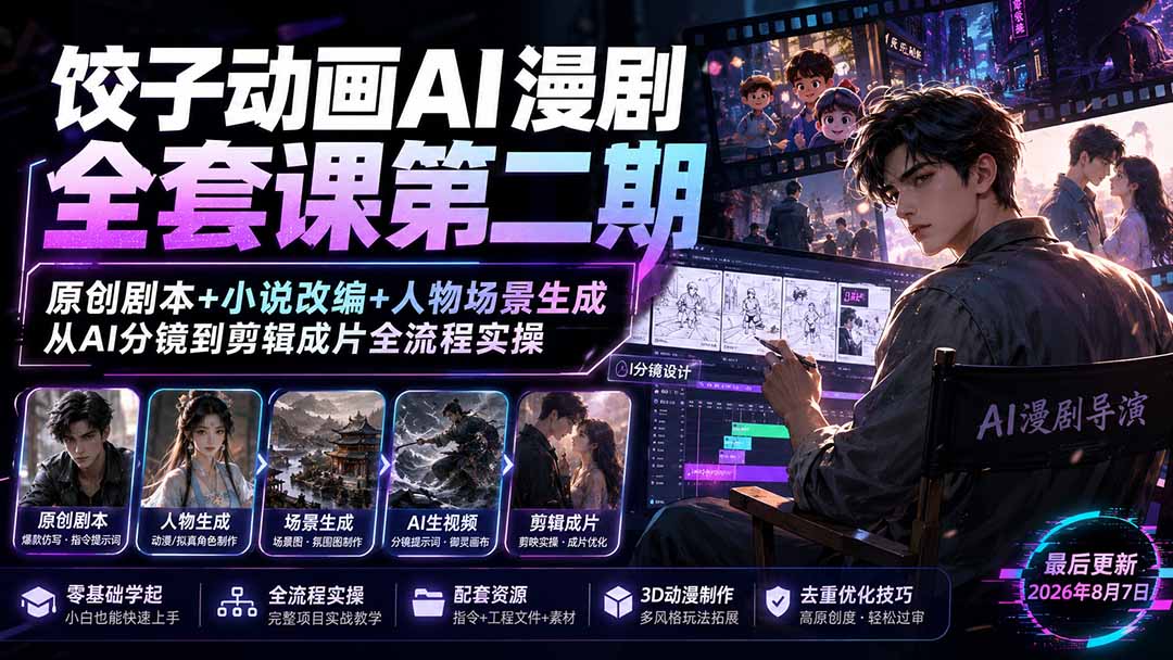 饺子动画AI漫剧全套课第二期：原创剧本+小说改编+人物场景生成，从AI分镜到剪辑成片全流程实操-泱泱学习社