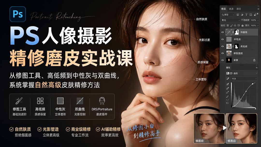 PS人像摄影精修磨皮实战课：从修图工具、高低频到中性灰与双曲线，系统掌握自然高级皮肤精修方法-泱泱学习社