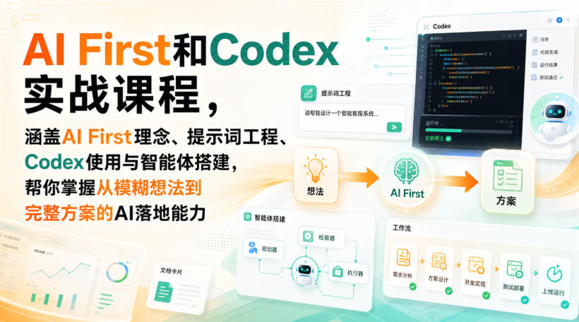 AI First和Codex实战课，涵盖AI First理念、提示词工程、Codex使用与智能体搭建，掌握从模糊想法到完整方案的AI落地能力-泱泱学习社