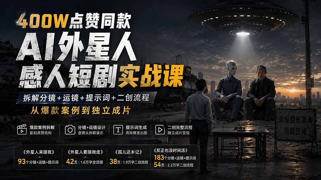 400W点赞同款AI外星人感人短剧实战课：拆解分镜+运镜+提示词+二创流程，从爆款案例到独立成片-泱泱学习社