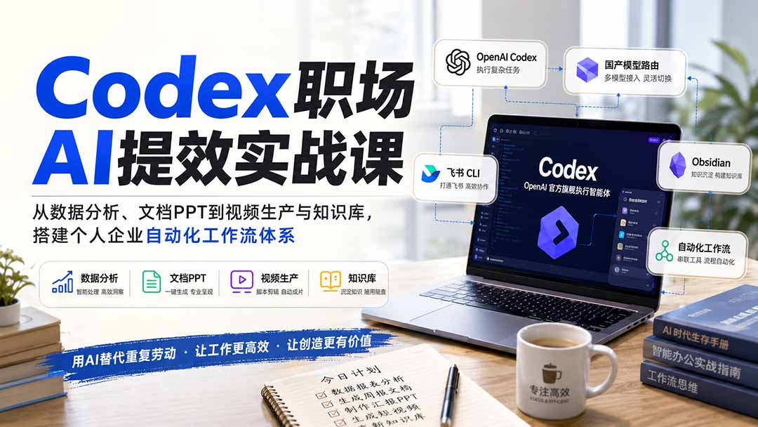 Codex职场AI提效实战课：从数据分析、文档PPT到视频生产与知识库，搭建个人企业自动化工作流体系-泱泱学习社