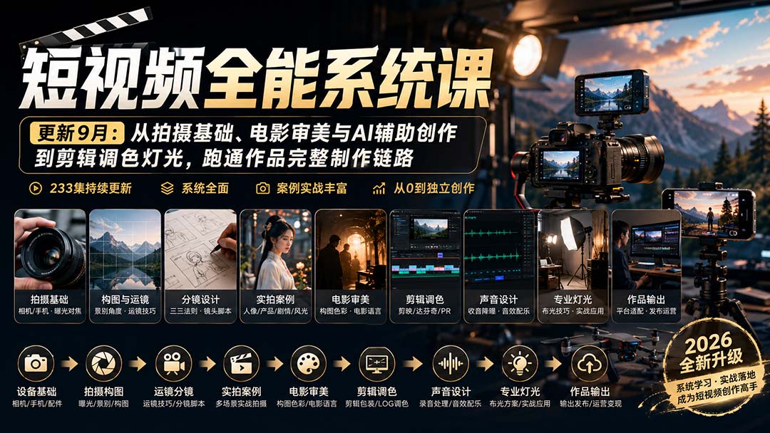 短视频全能系统课-更新8月233集:从拍摄基础、电影审美与AI辅助创作到剪辑调色灯光,跑通作品完整制作链路-泱泱学习社