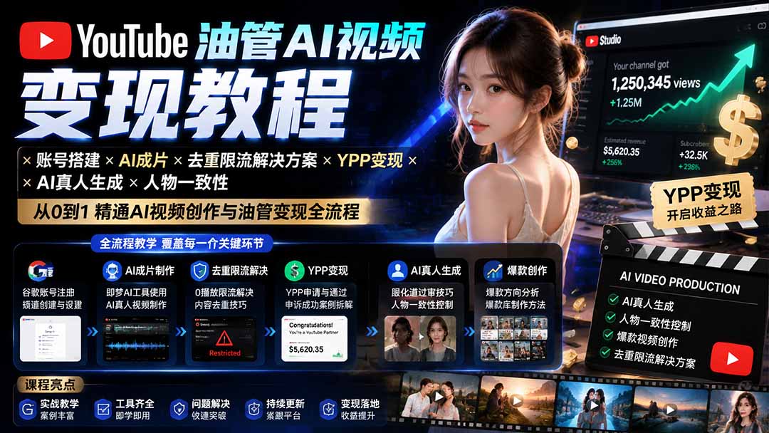 YouTube油管AI视频变现教程-更新：账号搭建×AI成片×去重限流解决方案×YPP变现×AI真人生成×人物一致性-泱泱学习社