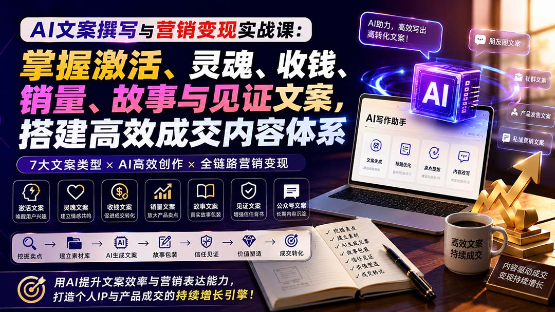AI文案撰写与营销变现实战课：掌握激活、灵魂、收钱、销量、故事与见证文案，搭建高效成交内容体系-泱泱学习社