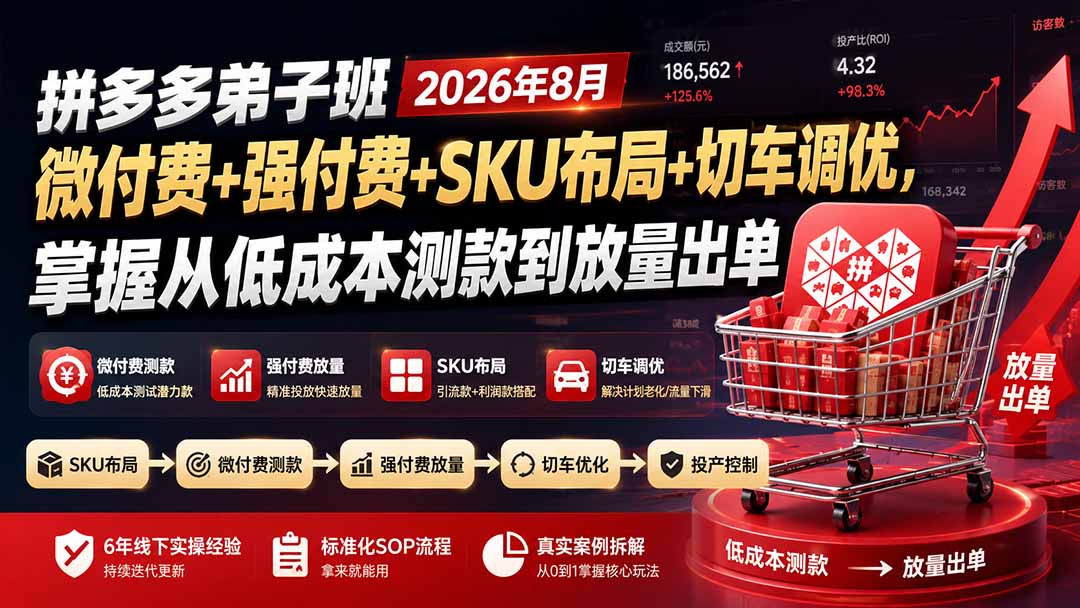 拼多多弟子班2026年8月:微付费+强付费+SKU布局+切车调优,掌握从低成本测款到放量出单-泱泱学习社