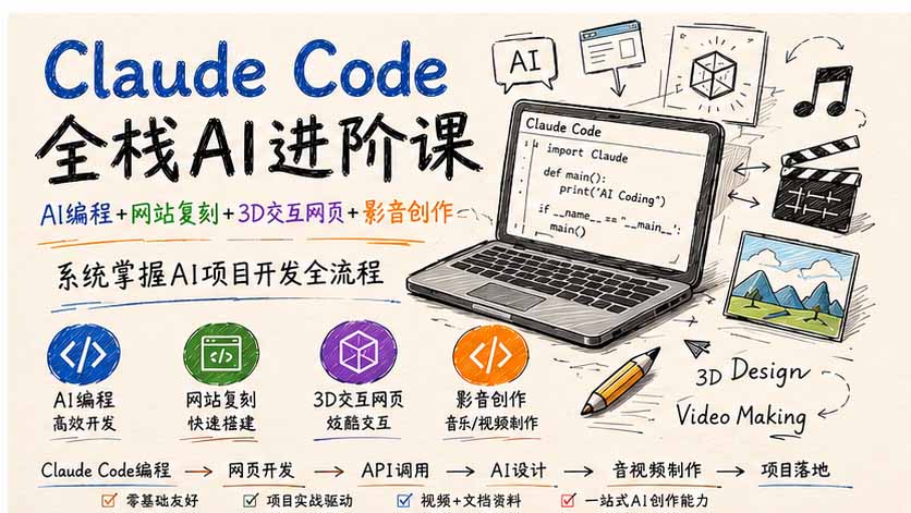 Claude Code全栈AI进阶课;AI编程+网站复刻+3D交互网页+影音创作,系统掌握AI项目开发全流程-泱泱学习社