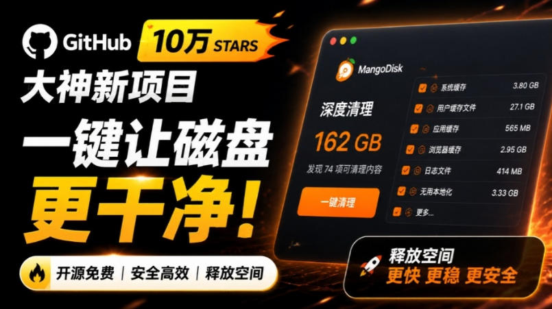 在Gtihub上做出10万stars的大神，又发布新项目了！一键让磁盘更干净，开源免费清理工具MangoDisk-泱泱学习社