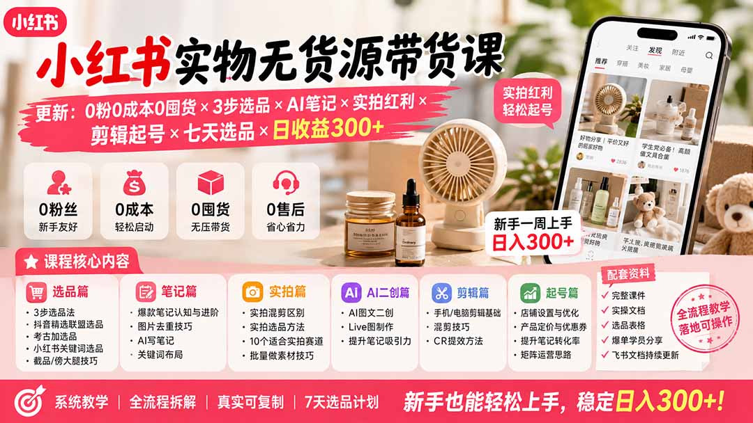 小红书实物无货源带货课-更新：0粉0成本0囤货×3步选品×AI笔记×实拍红利×剪辑起号×七天选品×日收益300+-泱泱学习社