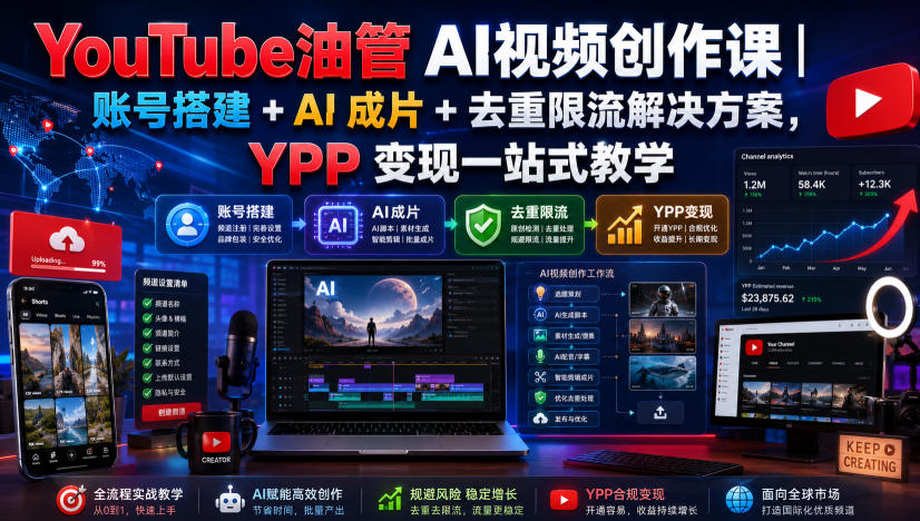 YouTube油管AI视频创作课｜账号搭建+AI成片+去重限流解决方案，YPP变现一站式教学-泱泱学习社