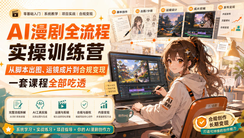 AI漫剧全流程实操训练营，从脚本出图、运镜成片到合规变现，一套课程全部吃透-泱泱学习社