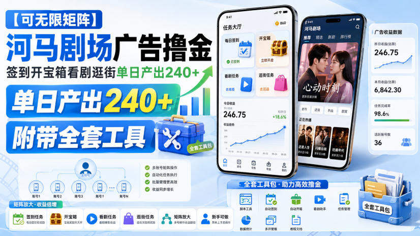 【可无限矩阵】河马剧场广告撸金,签到开宝箱看剧逛街单日产出240+,附带全套工具【揭秘】-泱泱学习社