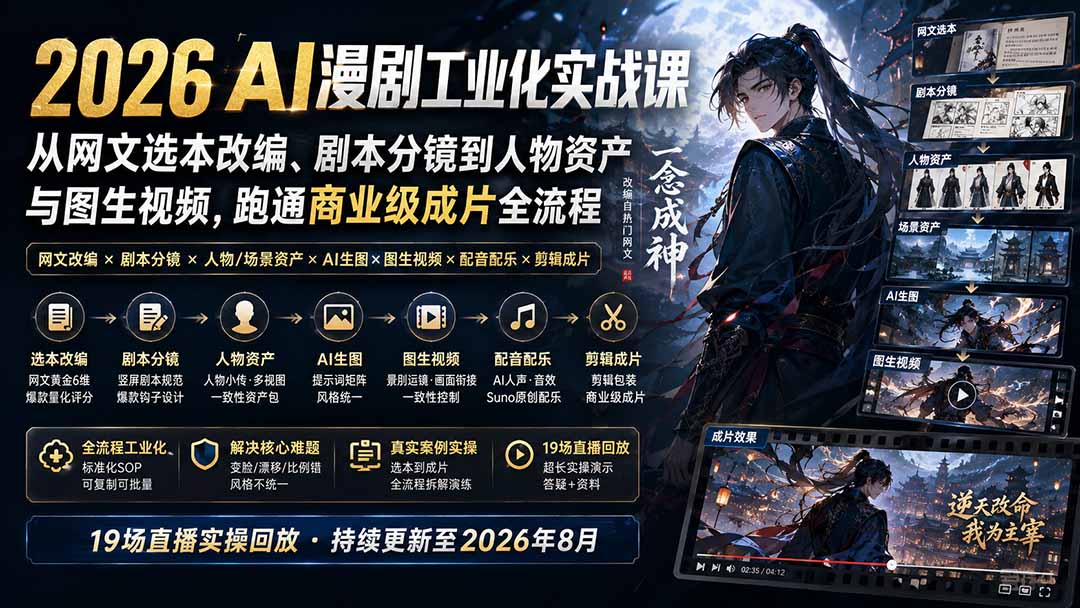 2026 AI漫剧工业化实战课-更新：从网文选本改编、剧本分镜到人物资产与图生视频，跑通商业级成片全流程-泱泱学习社