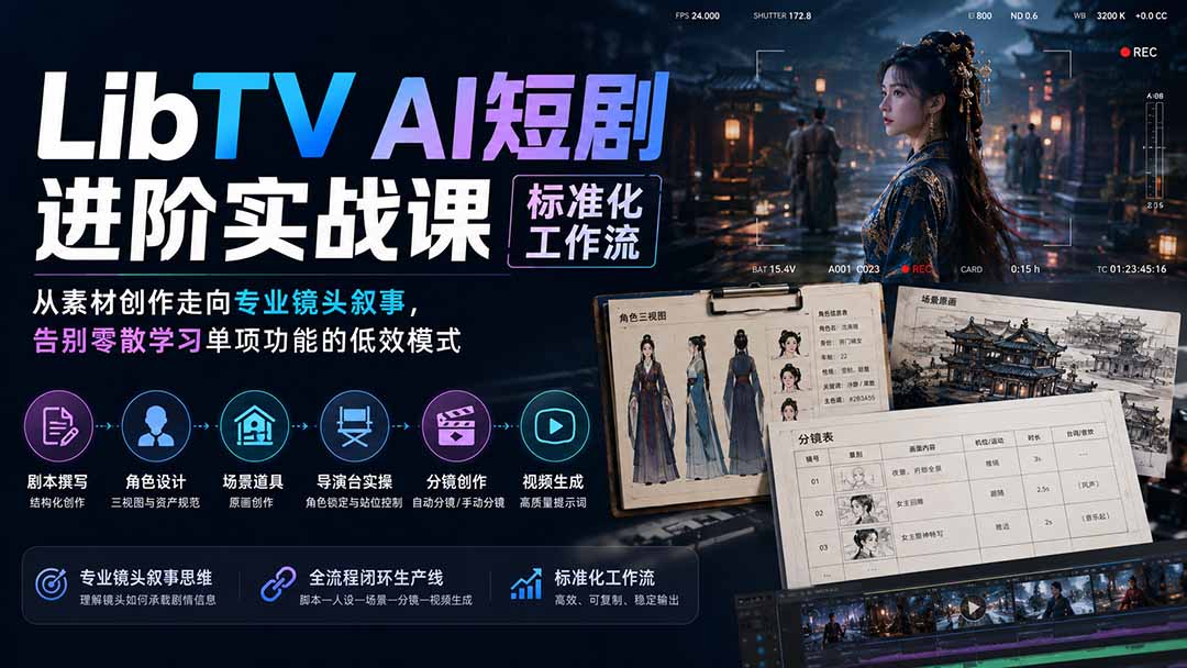 LibTV AI短剧进阶实操课标准化工作流；从素材创作走向专业镜头叙事，告别零散学习单项功能的低效模式-泱泱学习社