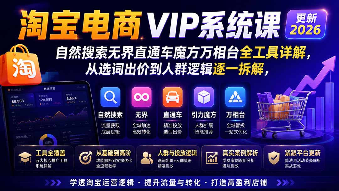 图片[1]-淘宝电商VIP系统课-更新8月；自然搜索无界直通车魔方万相台全工具详解，从选词出价到人群逻辑逐一拆解-泱泱学习社