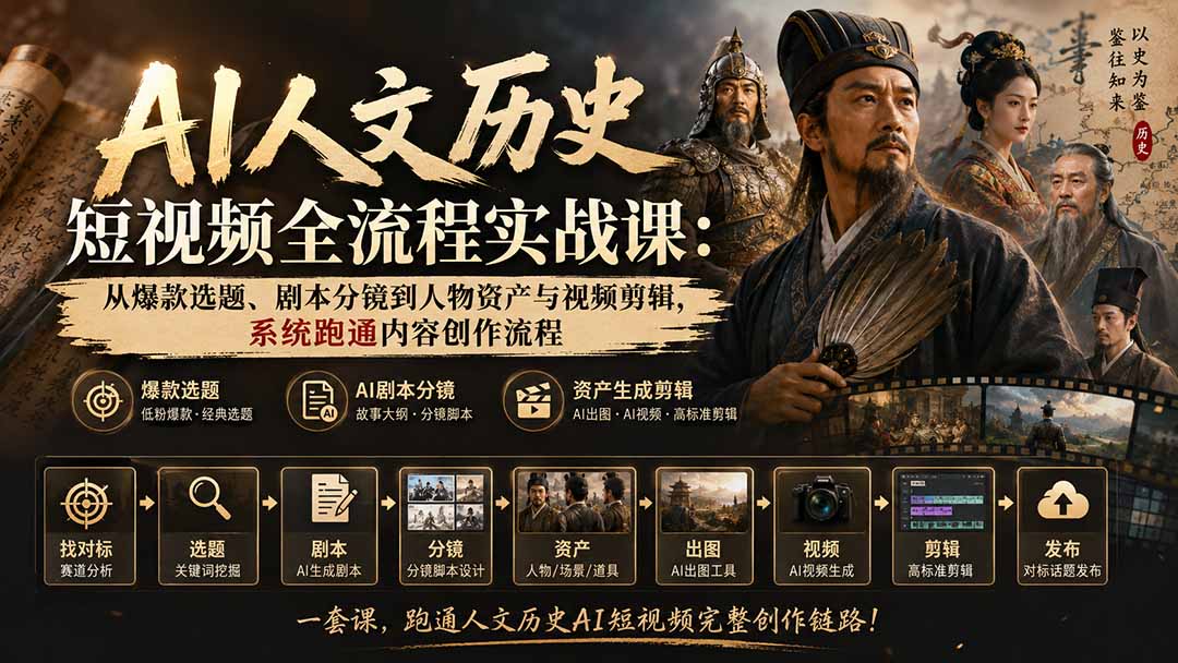 AI人文历史短视频全流程实战课:从爆款选题、剧本分镜到人物资产与视频剪辑,系统跑通内容创作流程-泱泱学习社