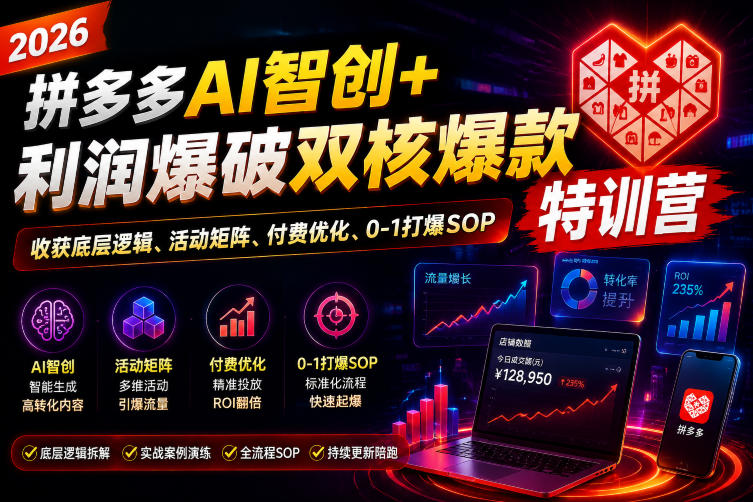 2026拼多多AI智创+利润爆破双核爆款特训营，收获底层逻辑、活动矩阵、付费优化、0-1打爆SOP(更新0810)-泱泱学习社