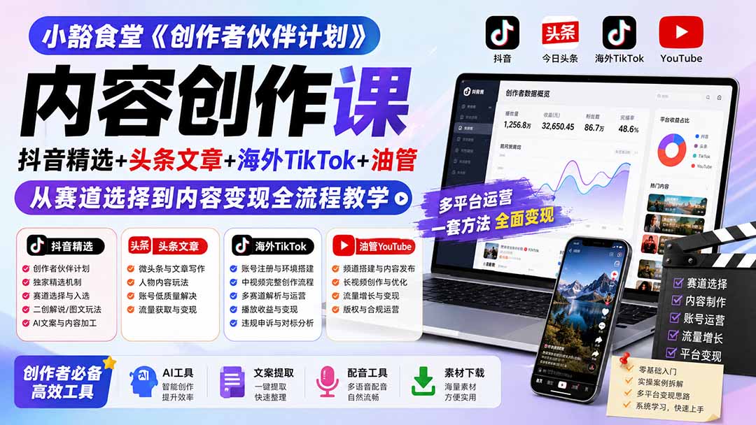 小豁食堂《创作者伙伴计划》内容创作课:抖音精选+头条文章+海外TikTok+油管,从赛道选择到内容变现全流程教学-泱泱学习社