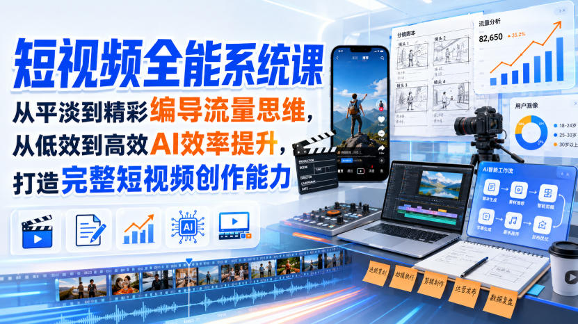 短视频全能系统课，从平淡到精彩编导流量思维，从低效到高效AI效率提升，打造完整短视频创作能力(2026年8月30更新233集)-泱泱学习社