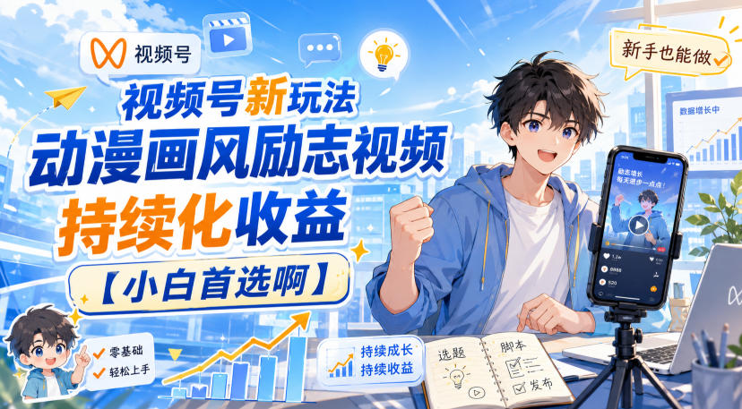视频号新玩法动漫画风励志视频，持续化收益【小白首选啊】-泱泱学习社