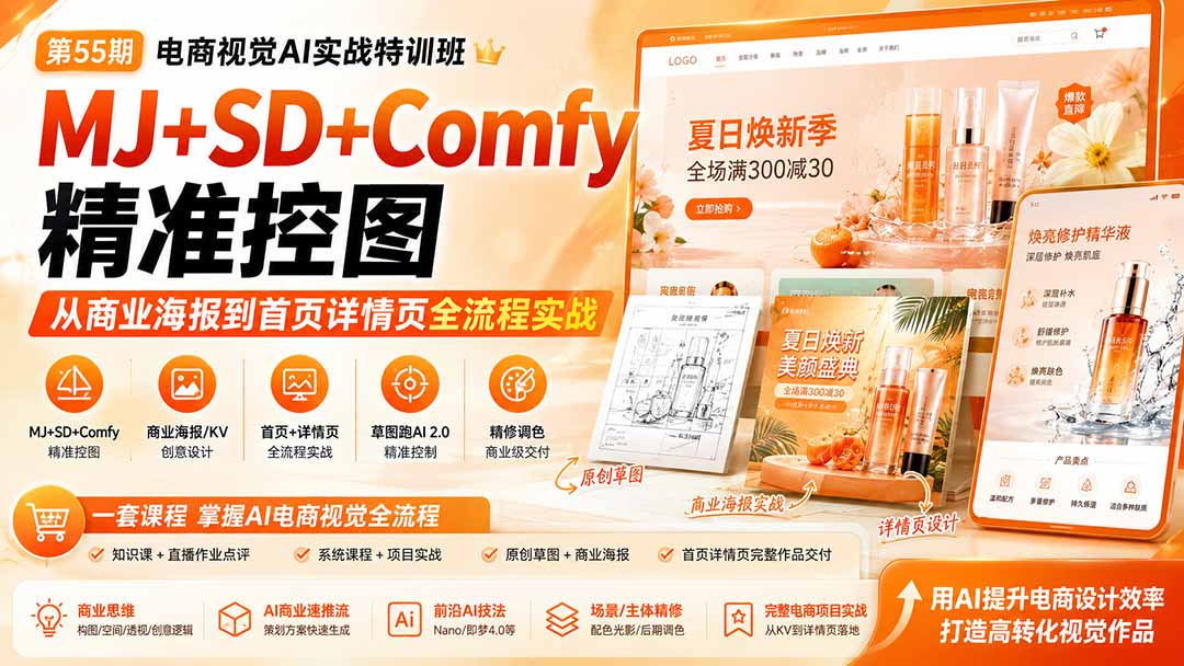 电商视觉 AI实战训练营第55期:MJ+SD+Comfy精准控图,从商业海报到首页详情页全流程实战-泱泱学习社