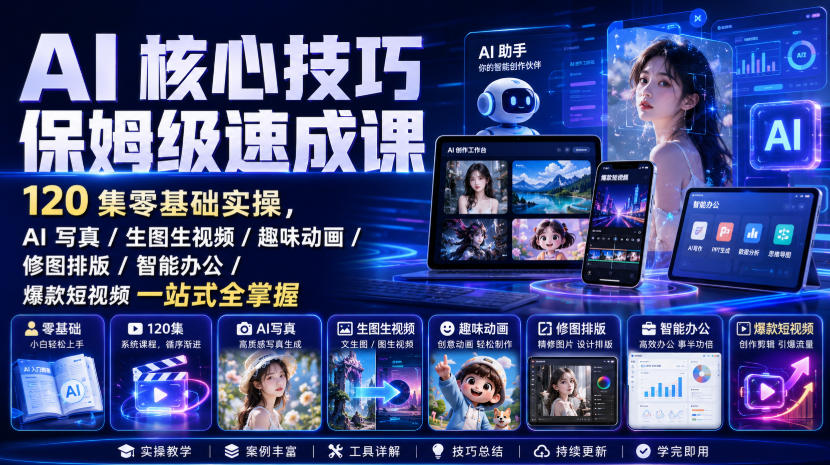 AI核心技巧保姆级速成课｜120集零基础实操，AI写真/生图生视频/趣味动画/修图排版/智能办公/爆款短视频一站式全掌握(更新)-泱泱学习社
