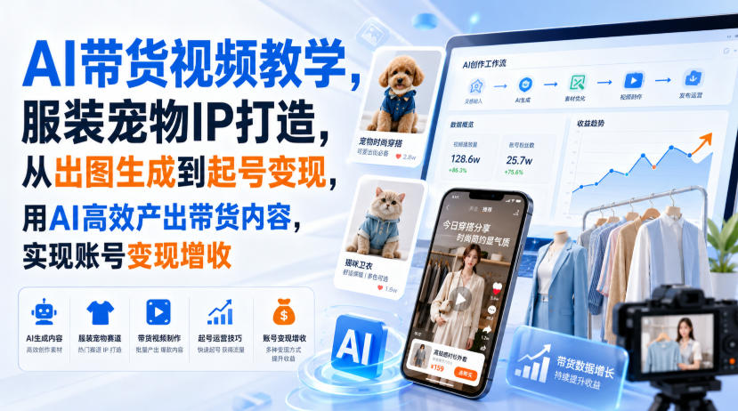 AI带货视频教学，服装宠物IP打造，从出图生成到起号变现，用AI高效产出带货内容，实现账号变现增收-泱泱学习社
