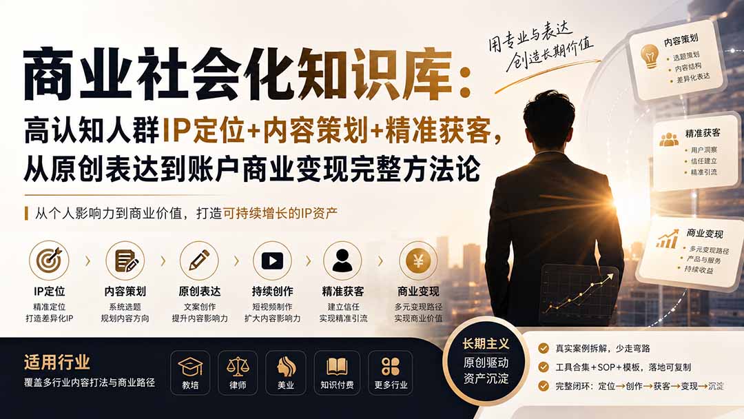 商业社会化知识库:高认知人群IP定位+内容策划+精准获客,从原创表达到账户商业变现完整方法论-泱泱学习社