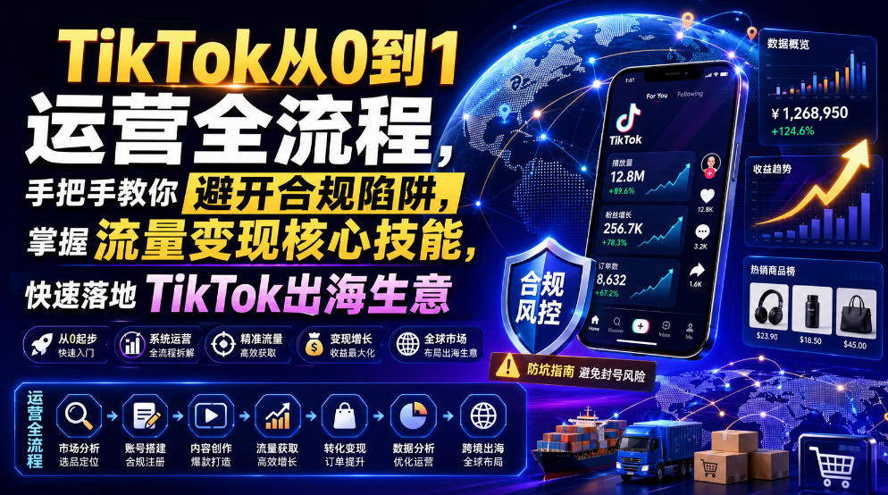 TikTok从0到1运营全流程,手把手教你避开合规陷阱,掌握流量变现核心技能,快速落地TikTok出海生意(更新8月)-泱泱学习社