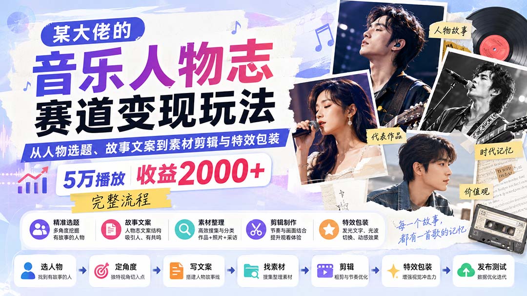 某大佬的音乐人物志赛道变现玩法:从人物选题、故事文案到素材剪辑与特效包装,5万播放收益2000+完整流程-泱泱学习社