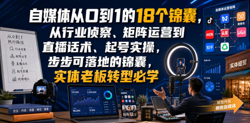 自媒体从0到1的18个锦囊，从行业侦察、矩阵运营到直播话术、起号实操，步步可落地的锦囊，实体老板转型必学-泱泱学习社