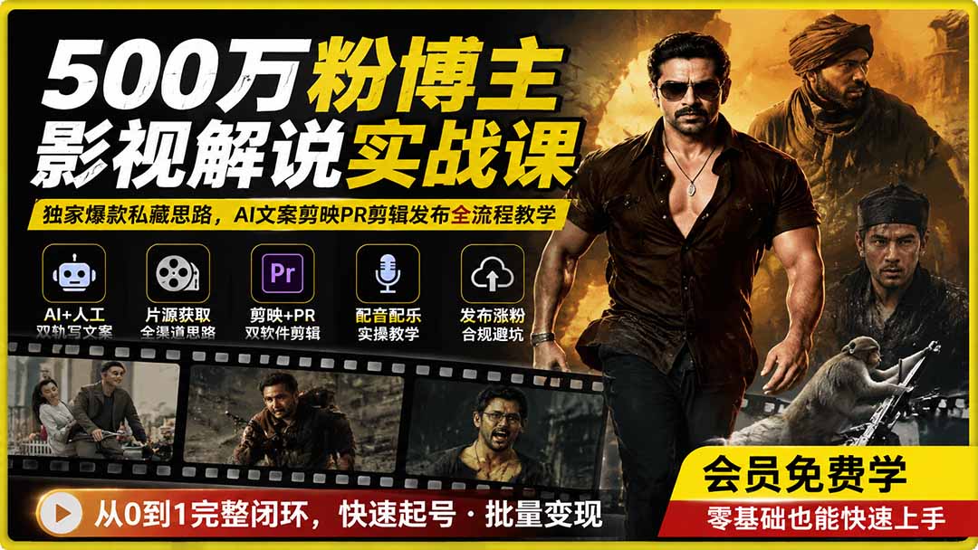 500万粉博主影视解说实战课｜独家爆款私藏思路，AI文案剪映PR剪辑发布全流程教学-泱泱学习社