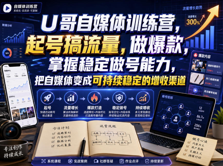 U哥自媒体训练营，起号搞流量，做爆款，掌握稳定做号能力，把自媒体变成可持续稳定的增收渠道-泱泱学习社