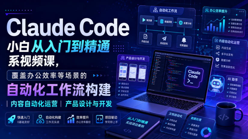 Claude Code小白从入门到精通系视频课,覆盖办公效率等场景的自动化工作流构建|内容自动化运营|产品设计与开发-泱泱学习社
