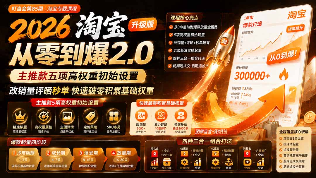 2026淘宝从零到爆2.0第85期;主推款五项高权重初始设置,改销量评晒秒单快速破零积累基础权重-泱泱学习社