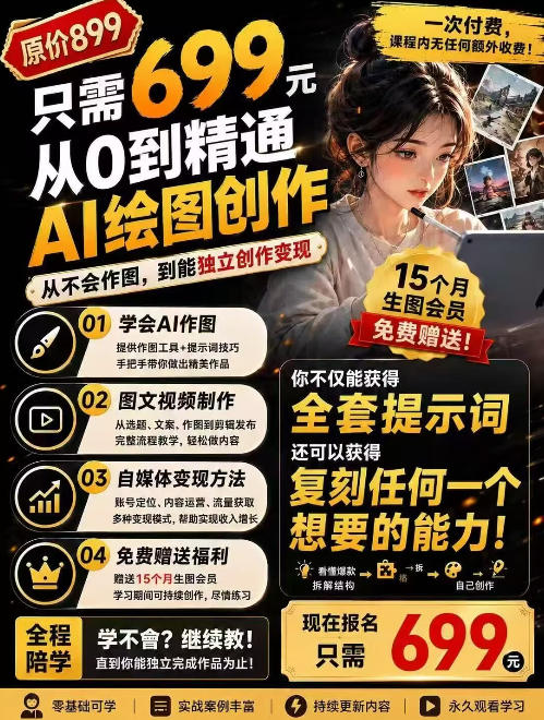 抖音10W粉丝博主的AI绘图教学,从0到精通AI绘图创作,从不会作图到能独立创作变现-泱泱学习社