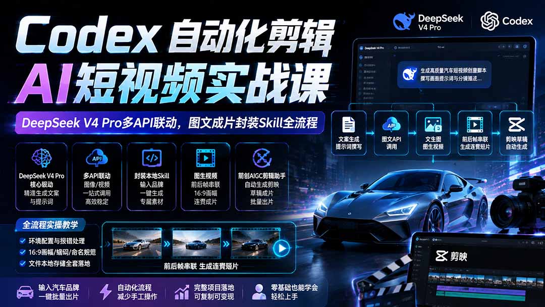 Codex自动化剪辑AI短视频实战课｜DeepSeek V4 Pro多API联动，图文成片封装Skill全流程-泱泱学习社