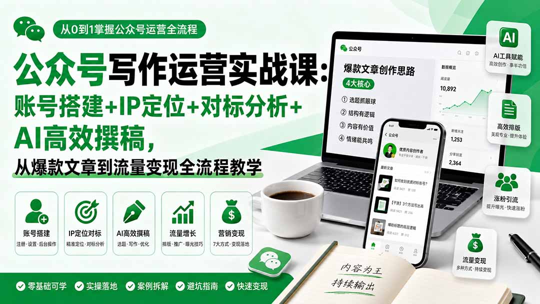 公众号写作运营实战课：账号搭建+IP定位+对标分析+AI高效撰稿，从爆款文章到流量变现全流程教学-泱泱学习社