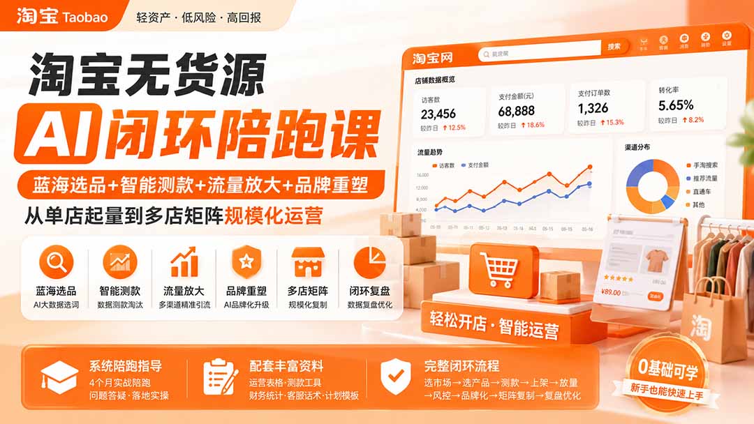 淘宝无货源AI闭环陪跑课:蓝海选品+智能测款+流量放大+品牌重塑,从单店起量到多店矩阵规模化运营-泱泱学习社
